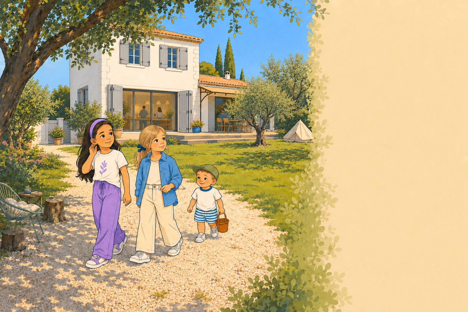 Le Kiw, Nono et Raf marchent dans la cour de leur maison des Alpilles, près de la tente du jardin